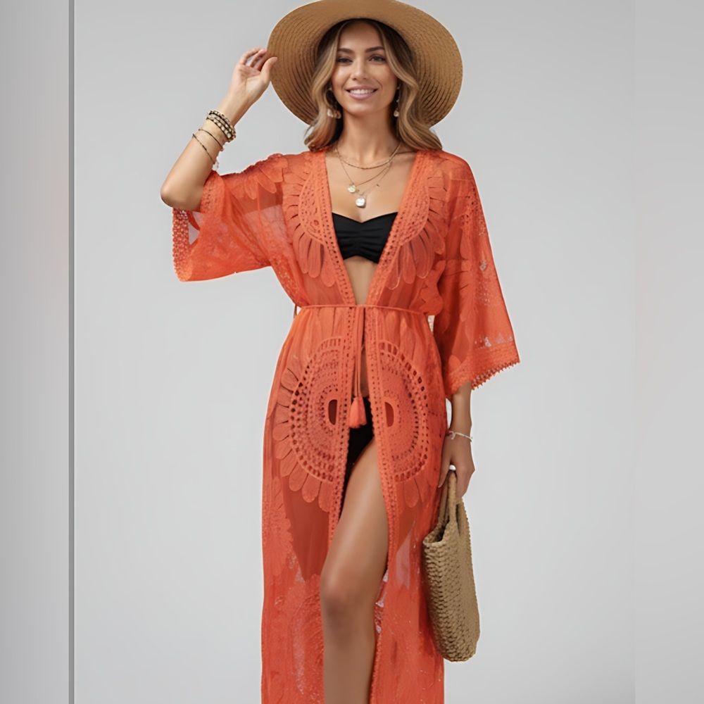 Kimono Cover Up With Cropped Sleeves Coral Orange